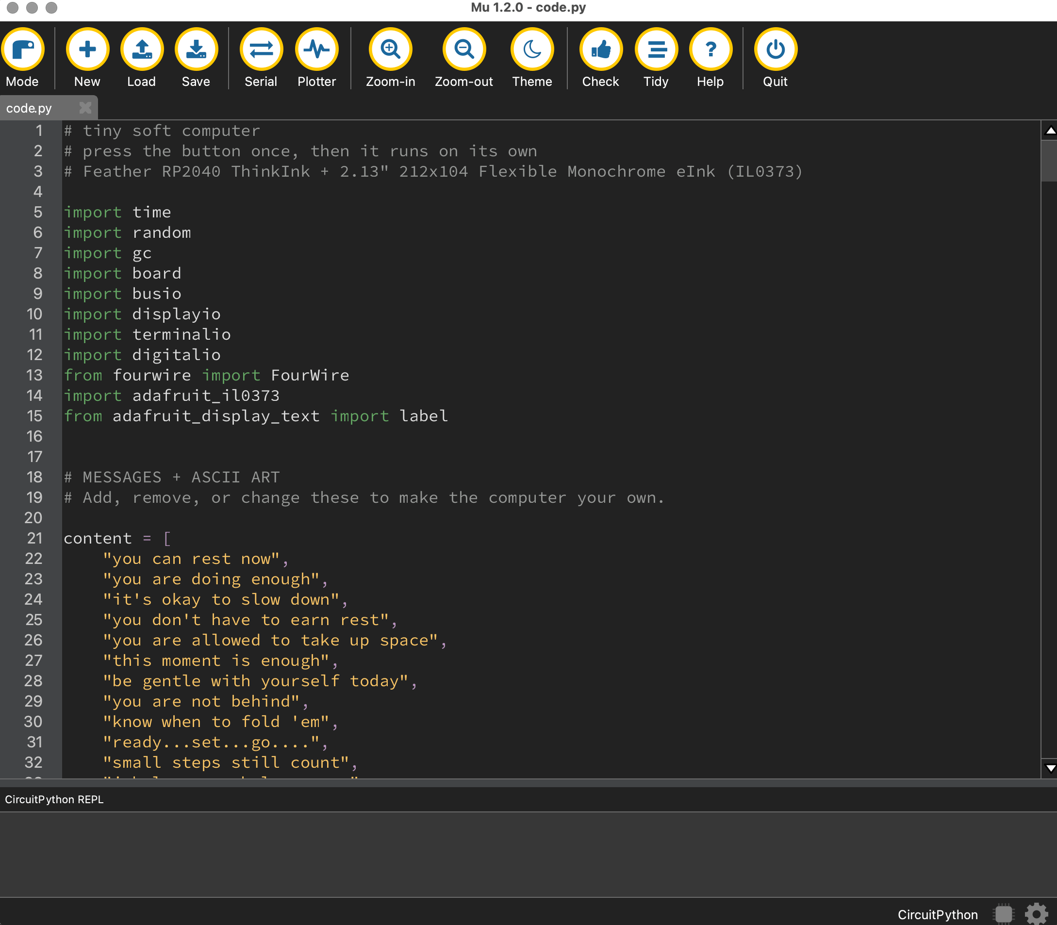 Mu Editor open with code.py loaded, showing the file's imports and the start of the content list of messages and ASCII art.